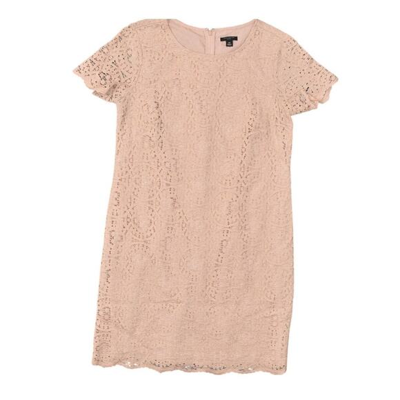 Ann Taylor Beige Shift Dress Size 2P Petite Nylon Floral Short Sleeve Zip - Picture 1 of 7